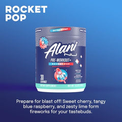 Alani Nu Pre Workout+ Rocket Pop jar label shows clean sugar-free ingredients