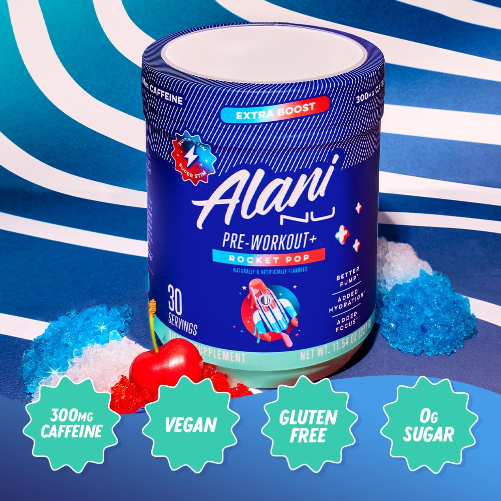 Alani Nu Pre Workout+ Rocket Pop powder dissolving in water for hydration and focus