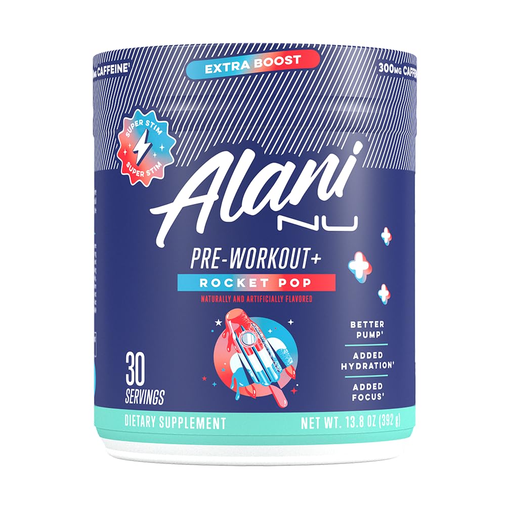 Alani Nu Pre Workout+ Rocket Pop tub for sustained energy during workouts