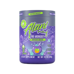Alani Nu Pre Workout Witches Brew tub showing flavor-packed energy for workouts