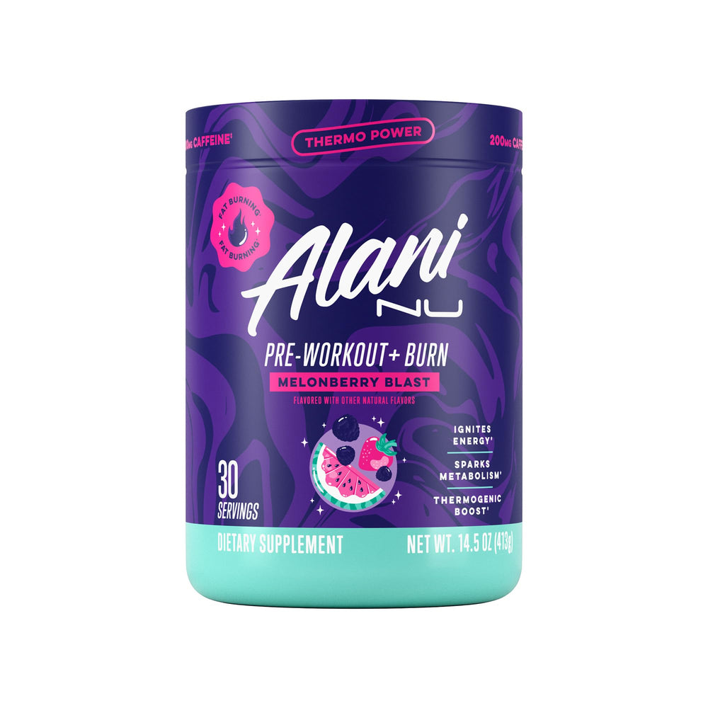Alani Nu Pre-Workout Burn Melonberry Blast glass shows bold flavor and steady energy.