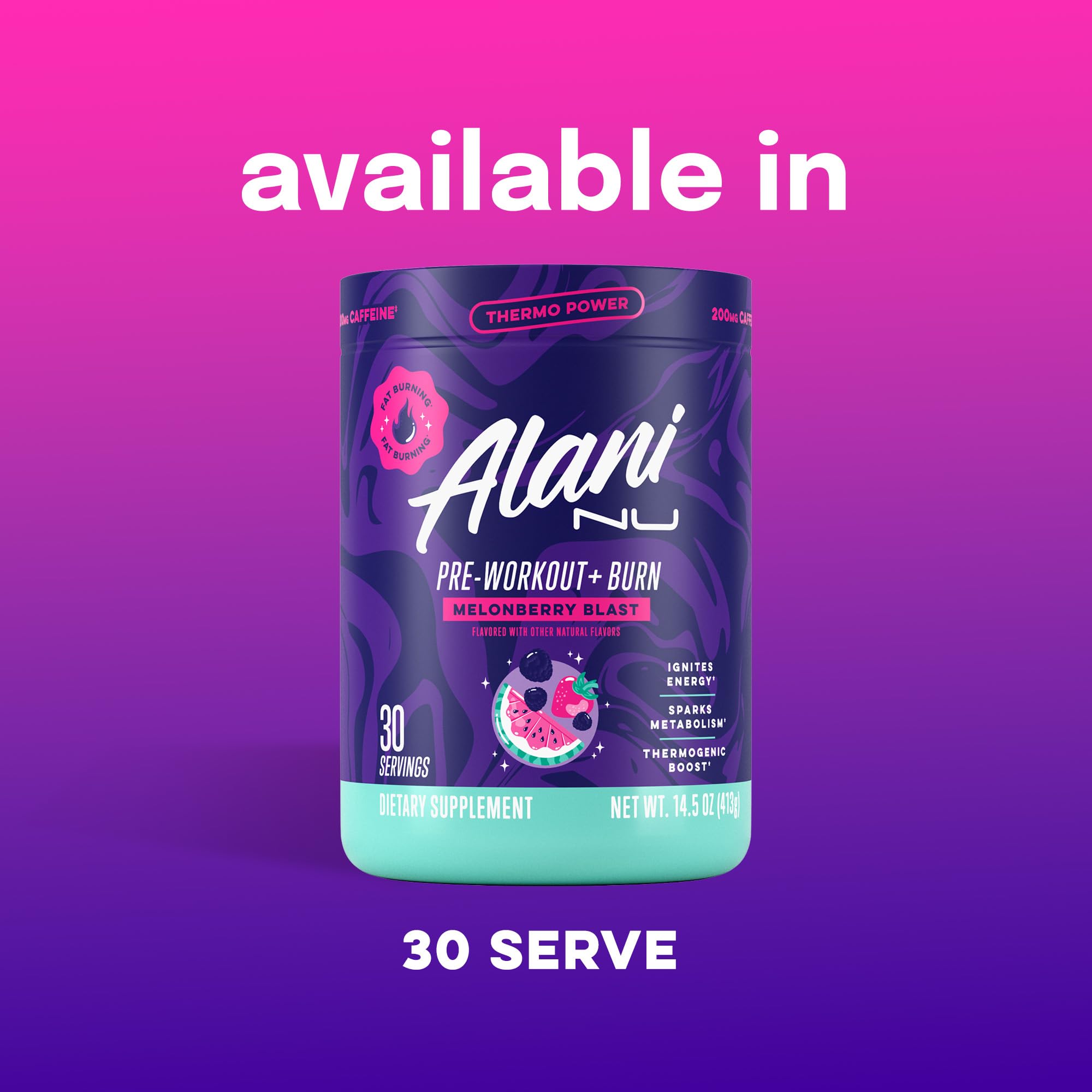 Packaging shows gluten-free and vegan badges on Alani Nu Pre-Workout Burn.