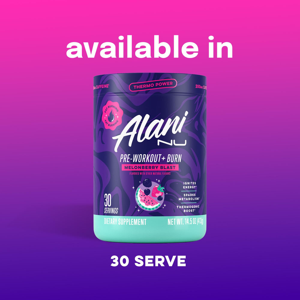Packaging shows gluten-free and vegan badges on Alani Nu Pre-Workout Burn.
