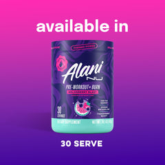 Packaging shows gluten-free and vegan badges on Alani Nu Pre-Workout Burn.