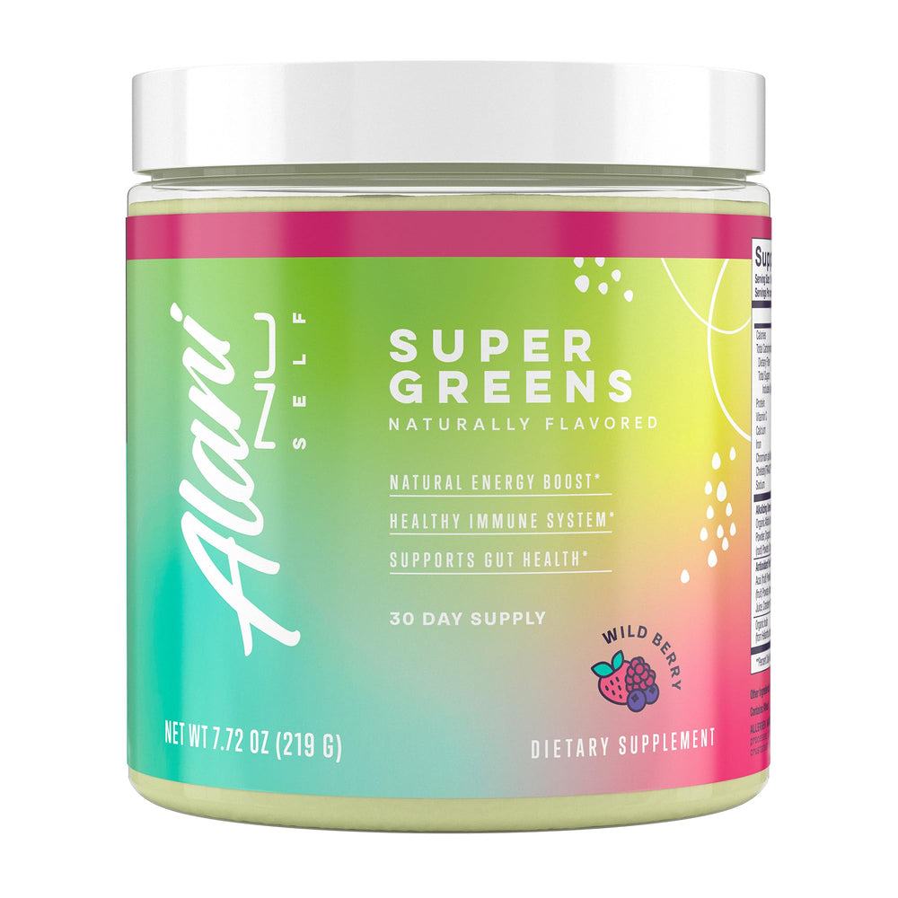 Alani Nu Super Greens Wild Berry tub shown for convenient daily greens boost.