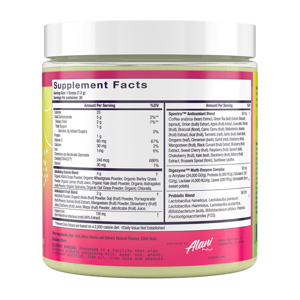 Alani Nu Super Greens scoop in water, ideal for quick nutrition.