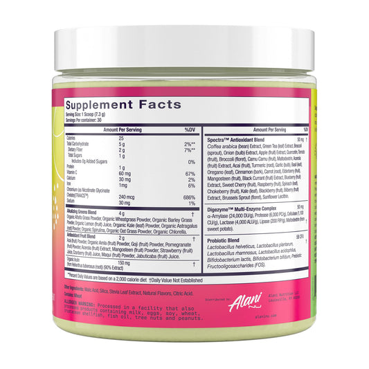 Alani Nu Super Greens scoop in water, ideal for quick nutrition.