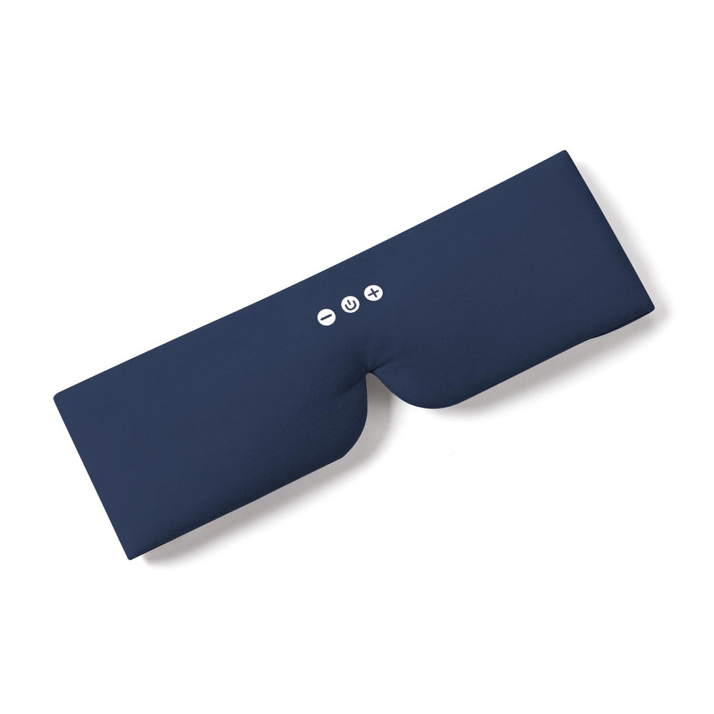 ALASKA BEAR Bluetooth eye mask navy front view, blocking light while streaming calm audio.