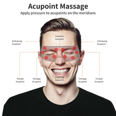 Air-pressure massage around eyes and temples delivers gentle relief.