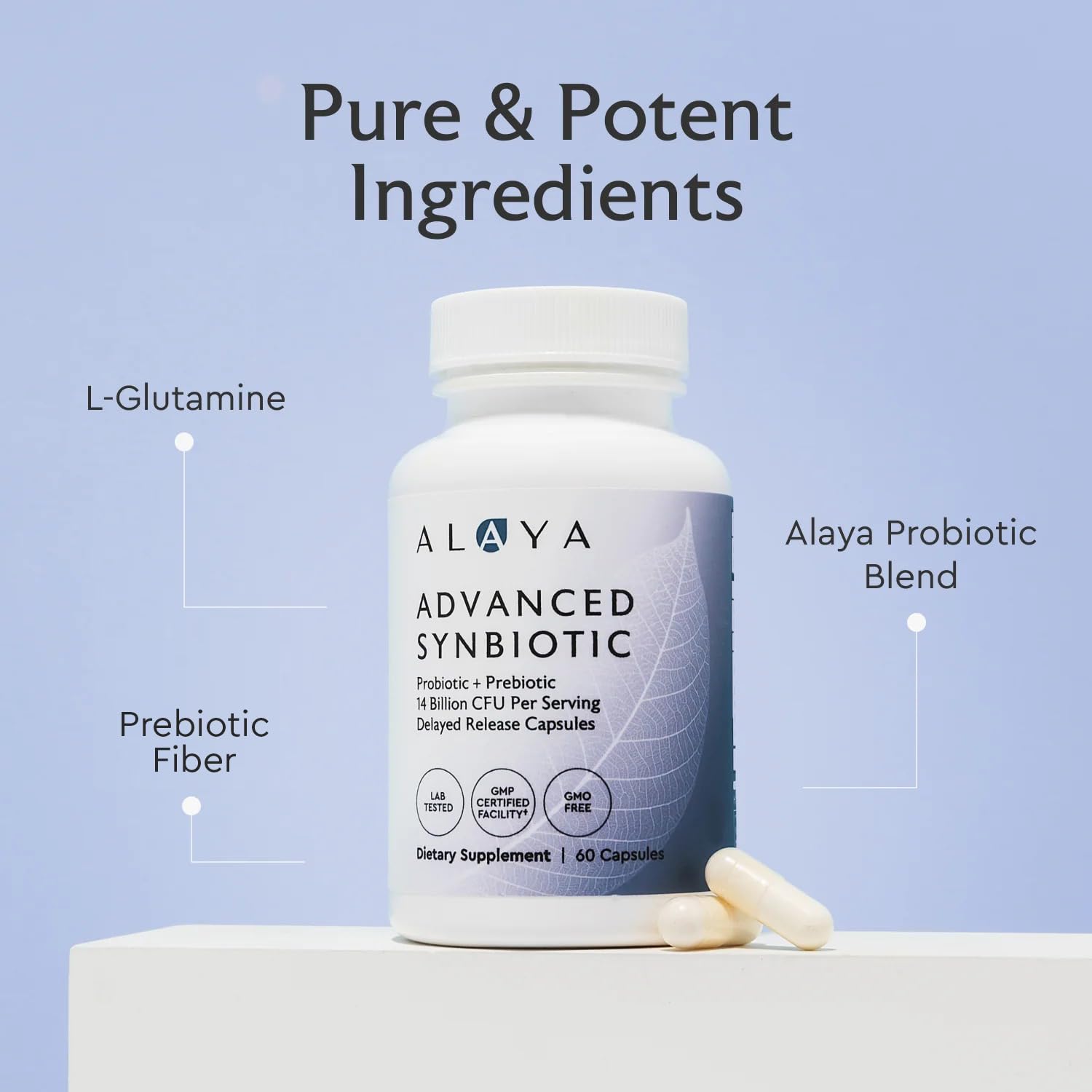 Alaya Naturals Advanced Synbiotic capsules closeup showing delayed-release design for survivability.