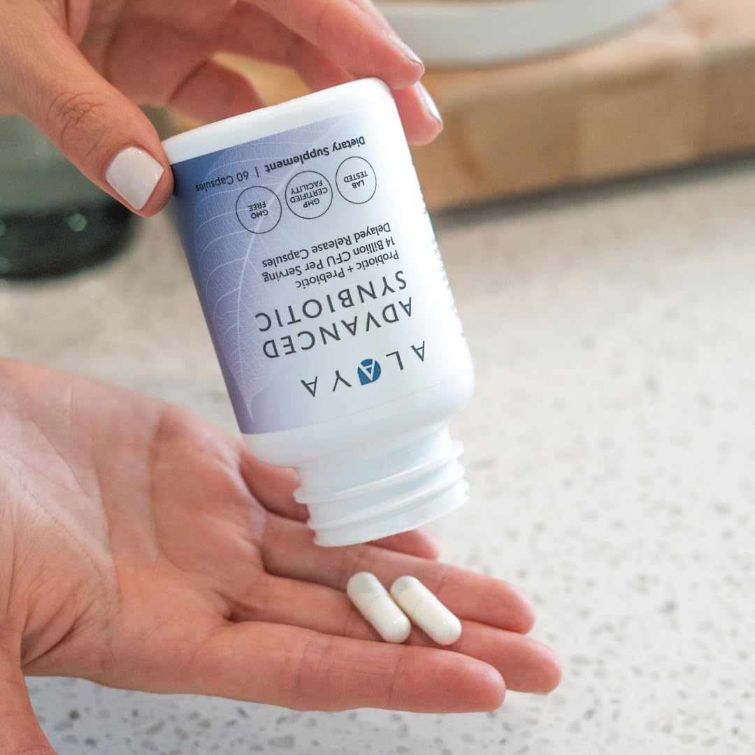 Alaya Naturals Advanced Synbiotic packaging on table suggests simple daily use.