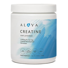 Alaya Naturals creatine micronized tub showing pure powder for strength and endurance.
