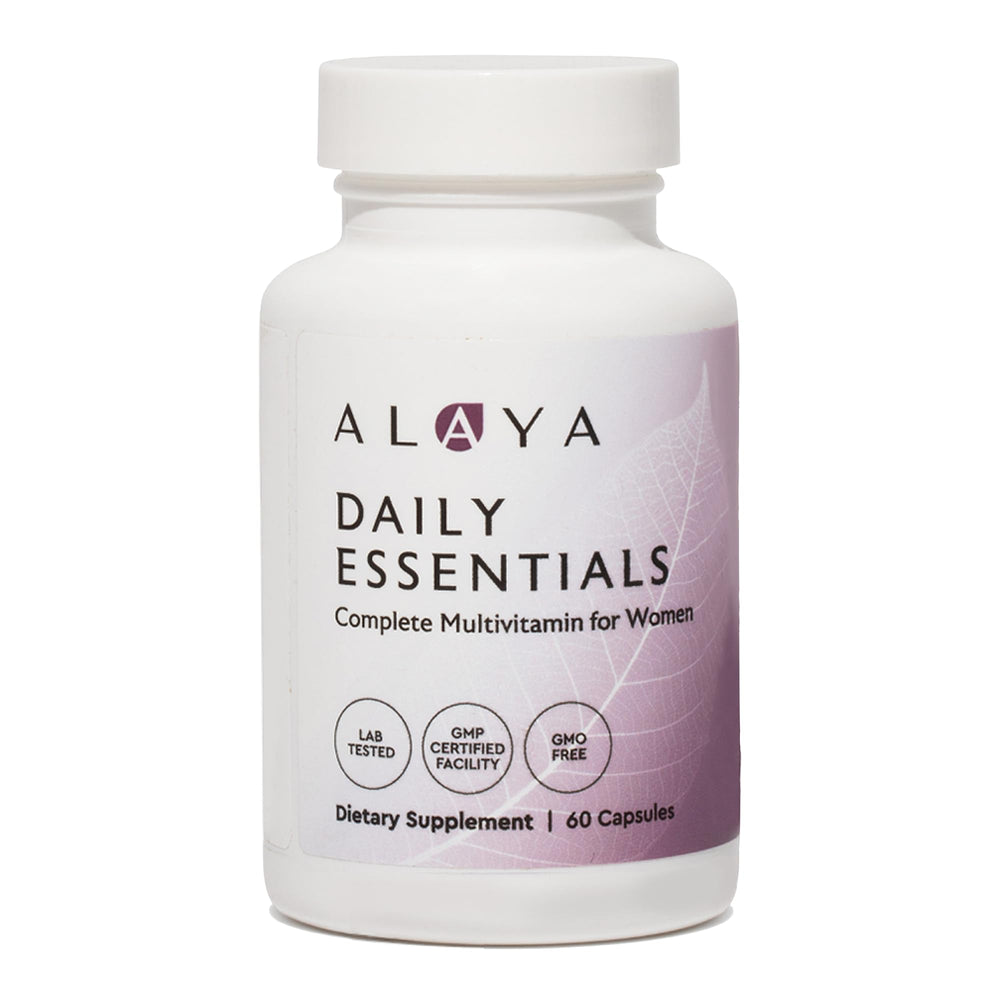 Alaya Naturals Daily Essentials bottle front showcases complete daily nutrition for busy women.