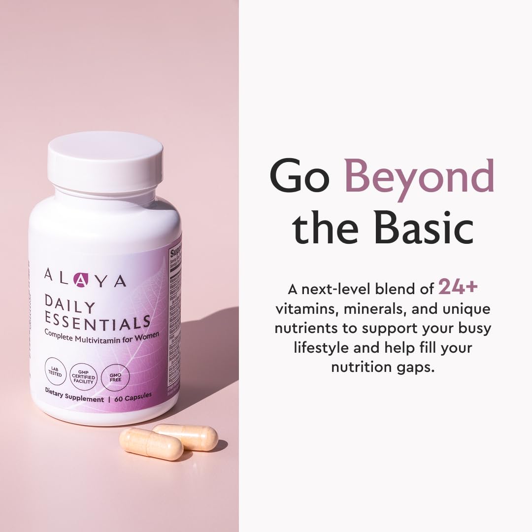 Alaya Naturals Daily Essentials capsules close-up highlighting high absorption.