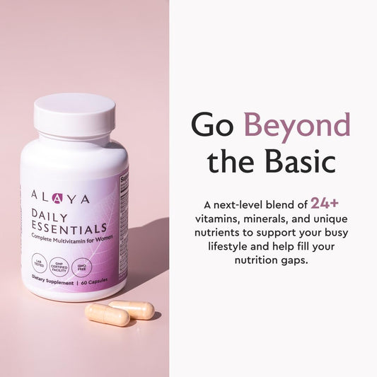 Alaya Naturals Daily Essentials capsules close-up highlighting high absorption.