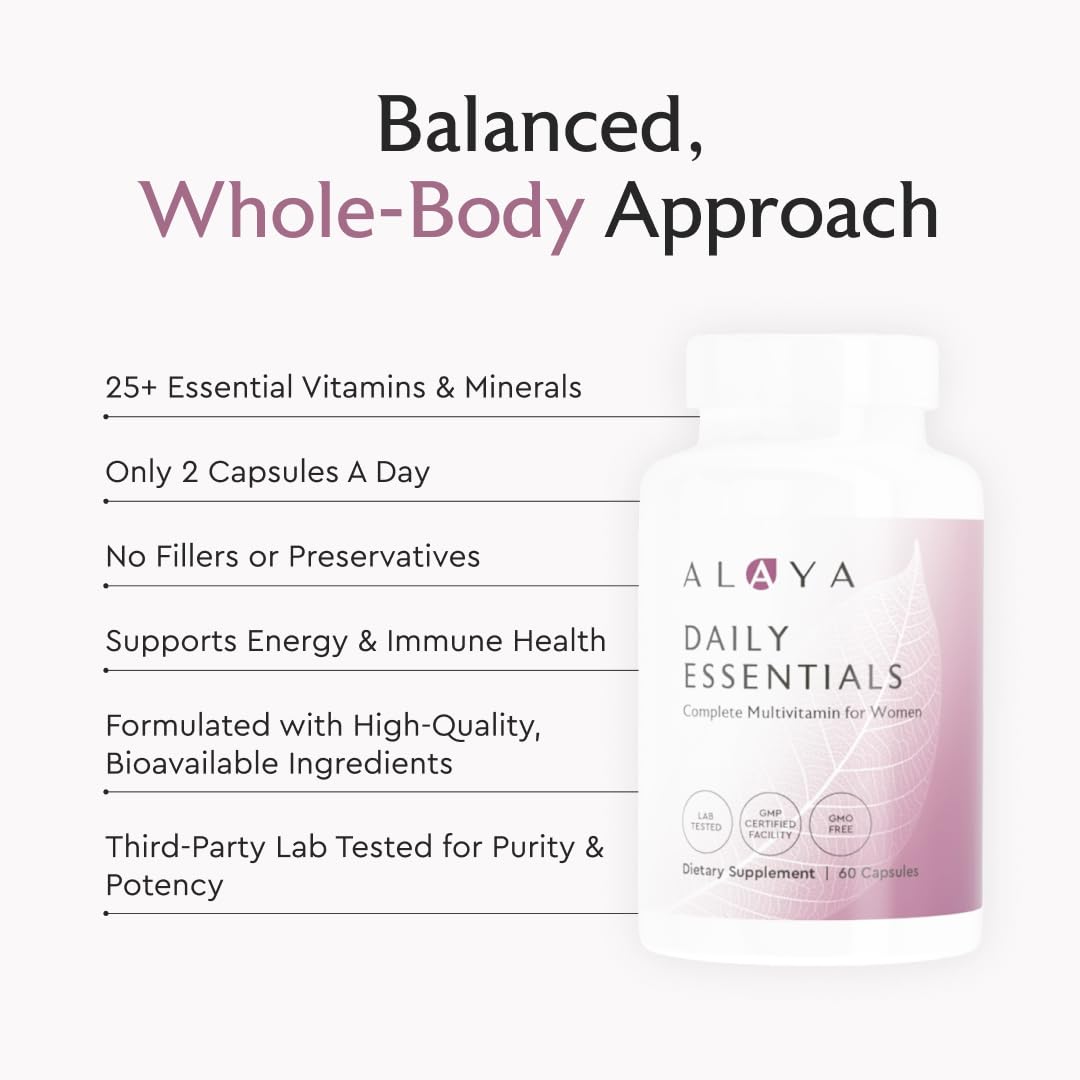 Alaya Naturals Daily Essentials glass with pills suggests simple daily intake.