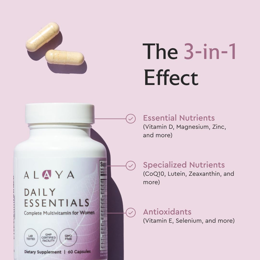 Alaya Naturals Daily Essentials in hand showcasing easy daily nutrition for energy.