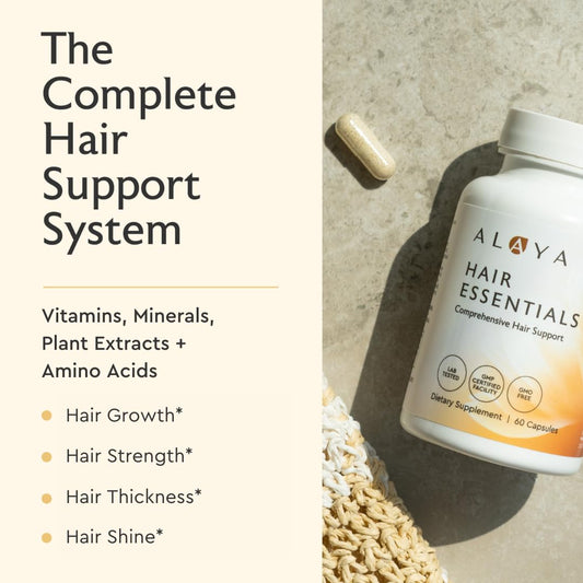 Alaya Naturals Hair Essentials capsules closeup highlighting nutrients for stronger strands.