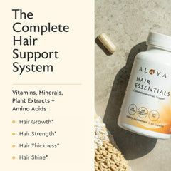 Alaya Naturals Hair Essentials capsules closeup highlighting nutrients for stronger strands.