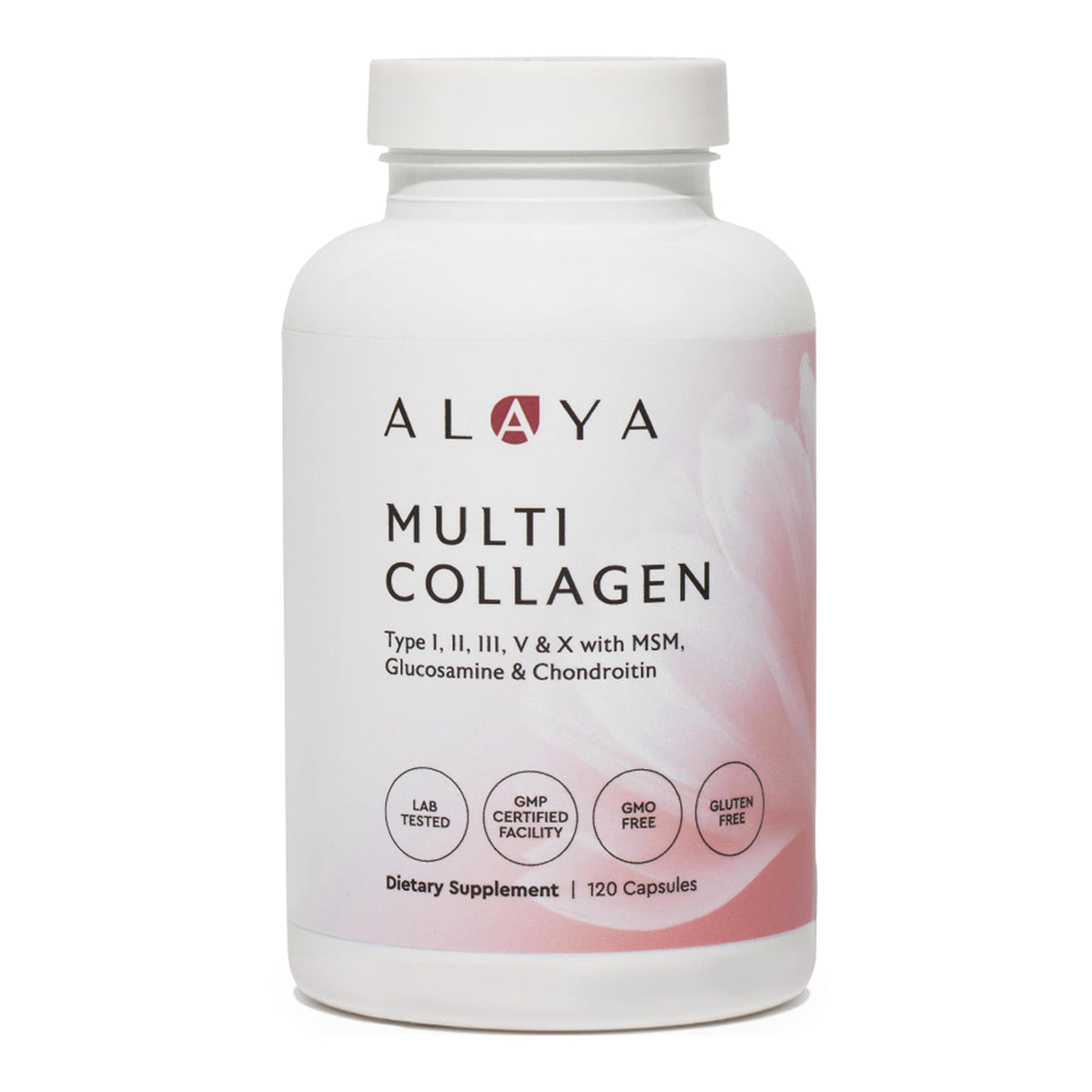 Alaya Naturals hydrolyzed collagen capsules bottle showing multi-source blend for skin glow