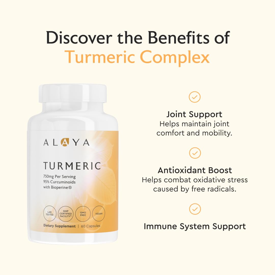 Label detail on Alaya Naturals bottle highlights 95% curcuminoids