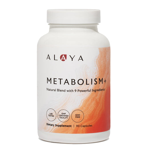 Alaya Naturals Metabolism+ bottle front for daily clean energy