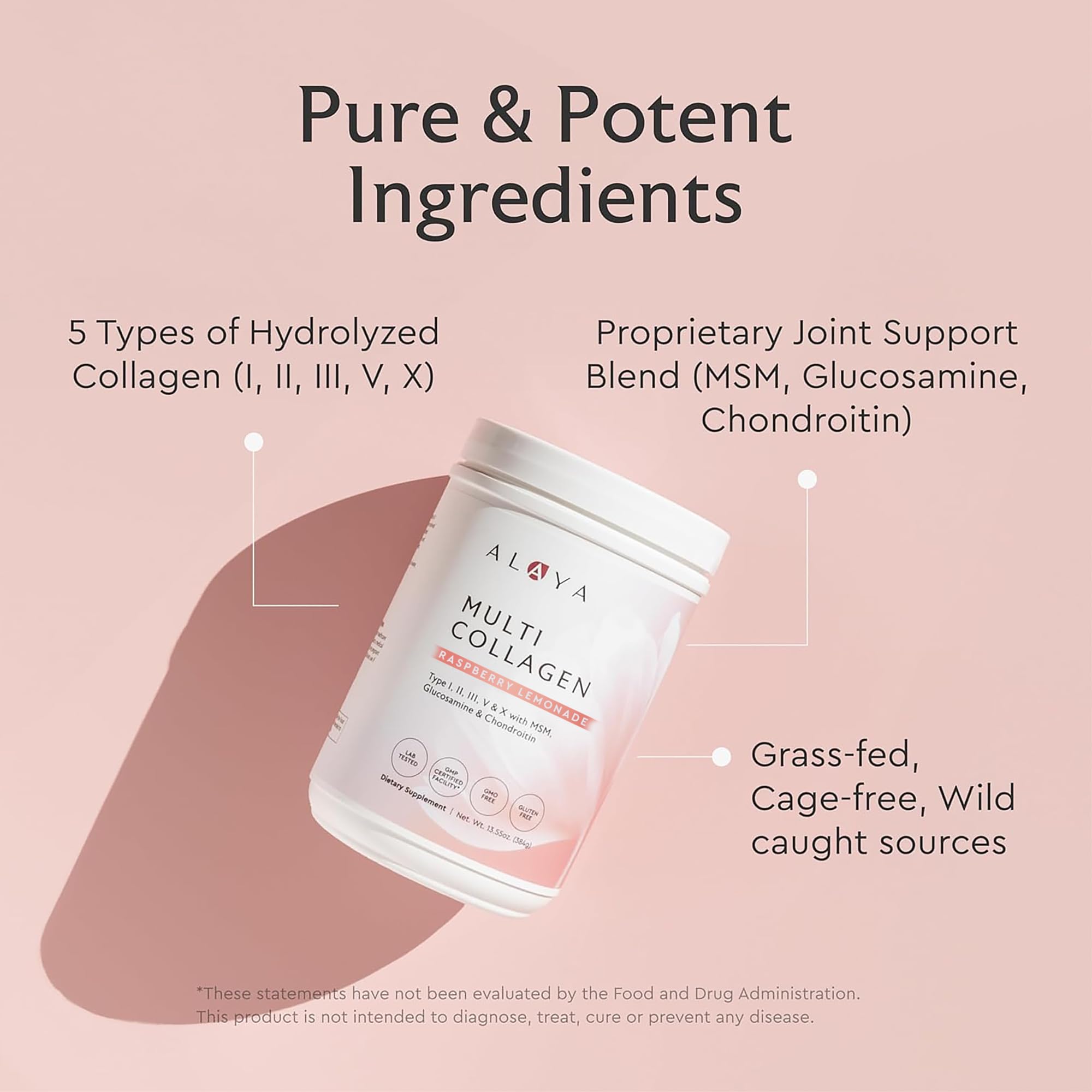 Alaya Naturals bottle back label lists collagen types I–X for usage guidance.