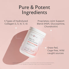Alaya Naturals bottle back label lists collagen types I–X for usage guidance.