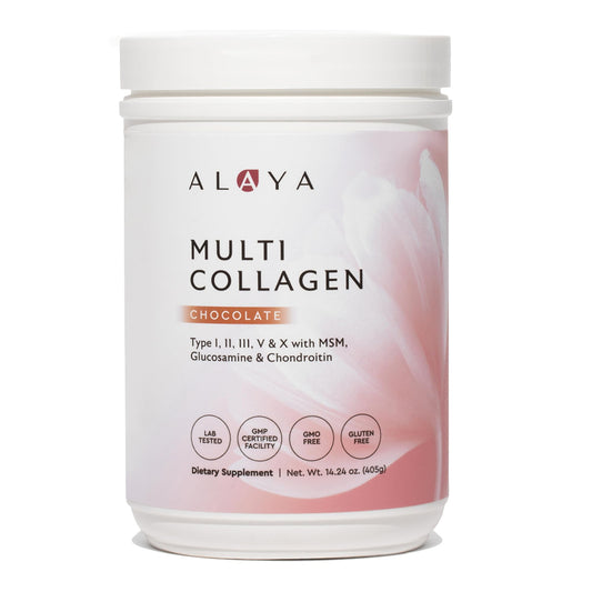 Alaya Naturals multi collagen chocolate bottle - easy daily mix for tasty collagen support.