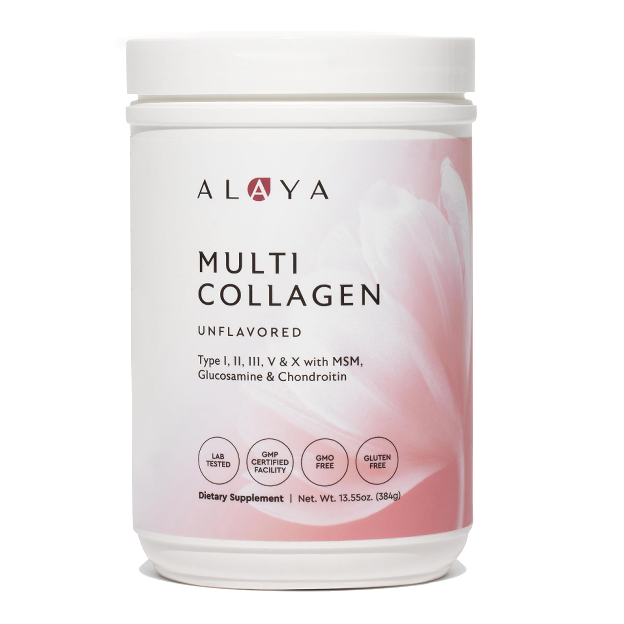 Alaya Naturals multi-collagen powder bottle ready for daily use in beverages.