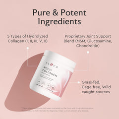 Alaya Naturals Multi Collagen Powder nutrition panel highlights five collagen types for hair skin and nails.