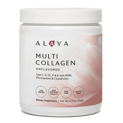 Alaya Naturals Multi Collagen Powder front view shows collagen types for skin and joints.
