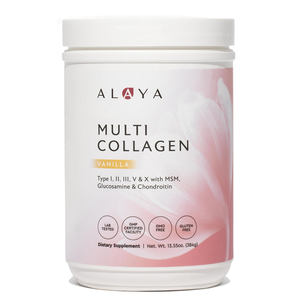Alaya Naturals Multi Collagen Vanilla tub shown for daily collagen support and convenience