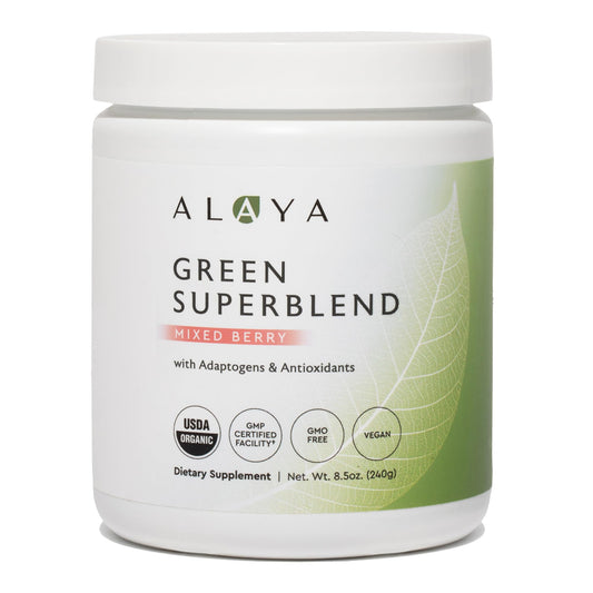 Alaya Naturals Organic Super Greens Powder bottle pour, convenient daily nourishment for busy mornings.