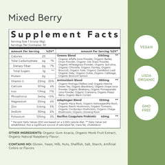 Alaya Naturals Organic Super Greens Powder dry ingredients assembly, vibrant greens and fruits on display.
