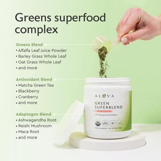 Alaya Naturals Organic Super Greens Powder scoop, easy dosing for consistent daily use.