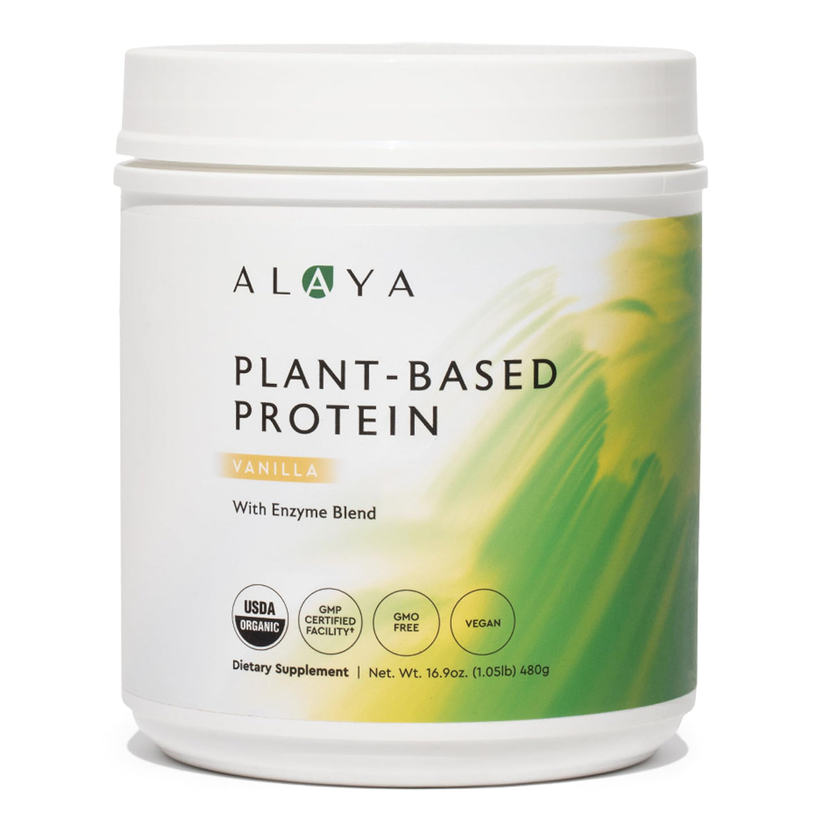 Alaya Naturals vanilla protein tub front, ideal for quick smoothies and post workout shakes.