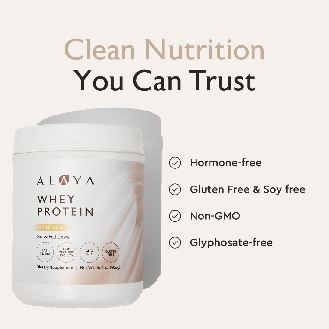 Alaya Naturals vanilla whey pour scene highlights clean, natural flavor