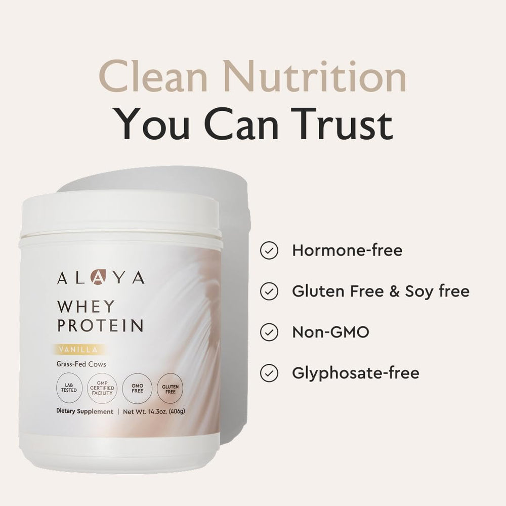 Alaya Naturals vanilla whey pour scene highlights clean, natural flavor