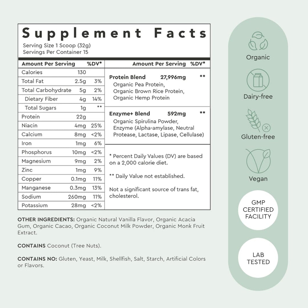 Alaya Naturals vegan protein ingredients blend shown for complete amino acids.