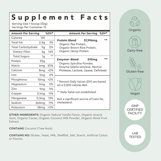 Alaya Naturals vegan protein ingredients blend shown for complete amino acids.