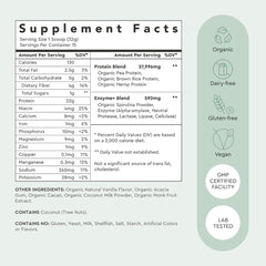 Alaya Naturals vegan protein ingredients blend shown for complete amino acids.