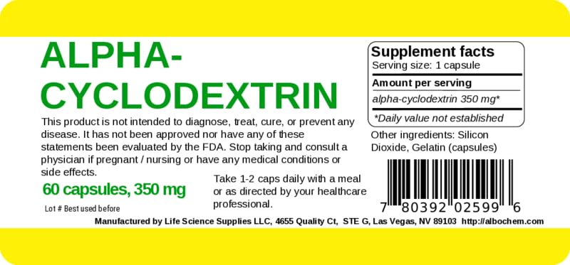 Albochemicals Alpha Cyclodextrin Capsules label detail emphasizes clarity and usage guidance.