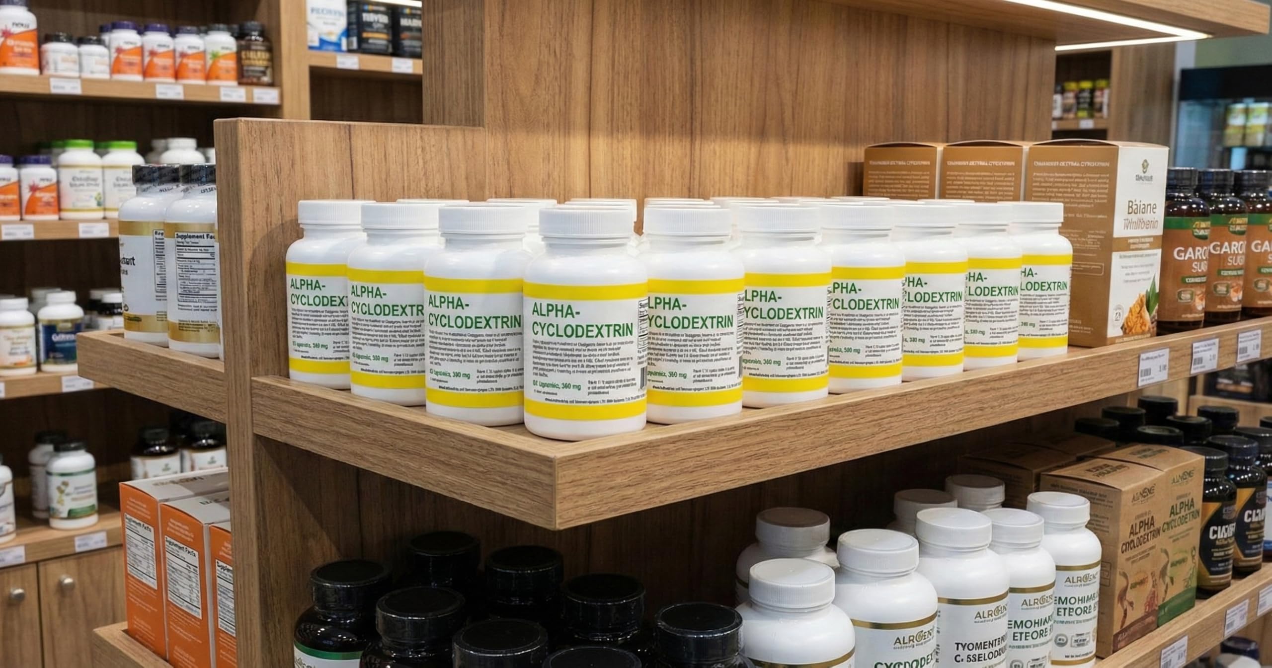 Albochemicals Alpha Cyclodextrin Capsules on shelf suggest everyday use and convenience.