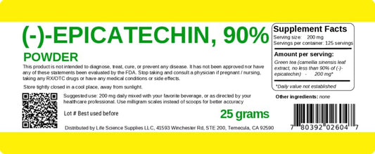 Albochemicals Epicatechin 90% powder label detail highlighting ingredients.