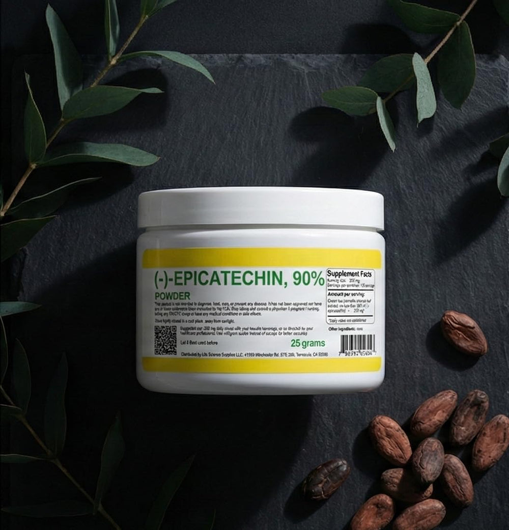 Albochemicals Epicatechin 90% powder packaging open on table.