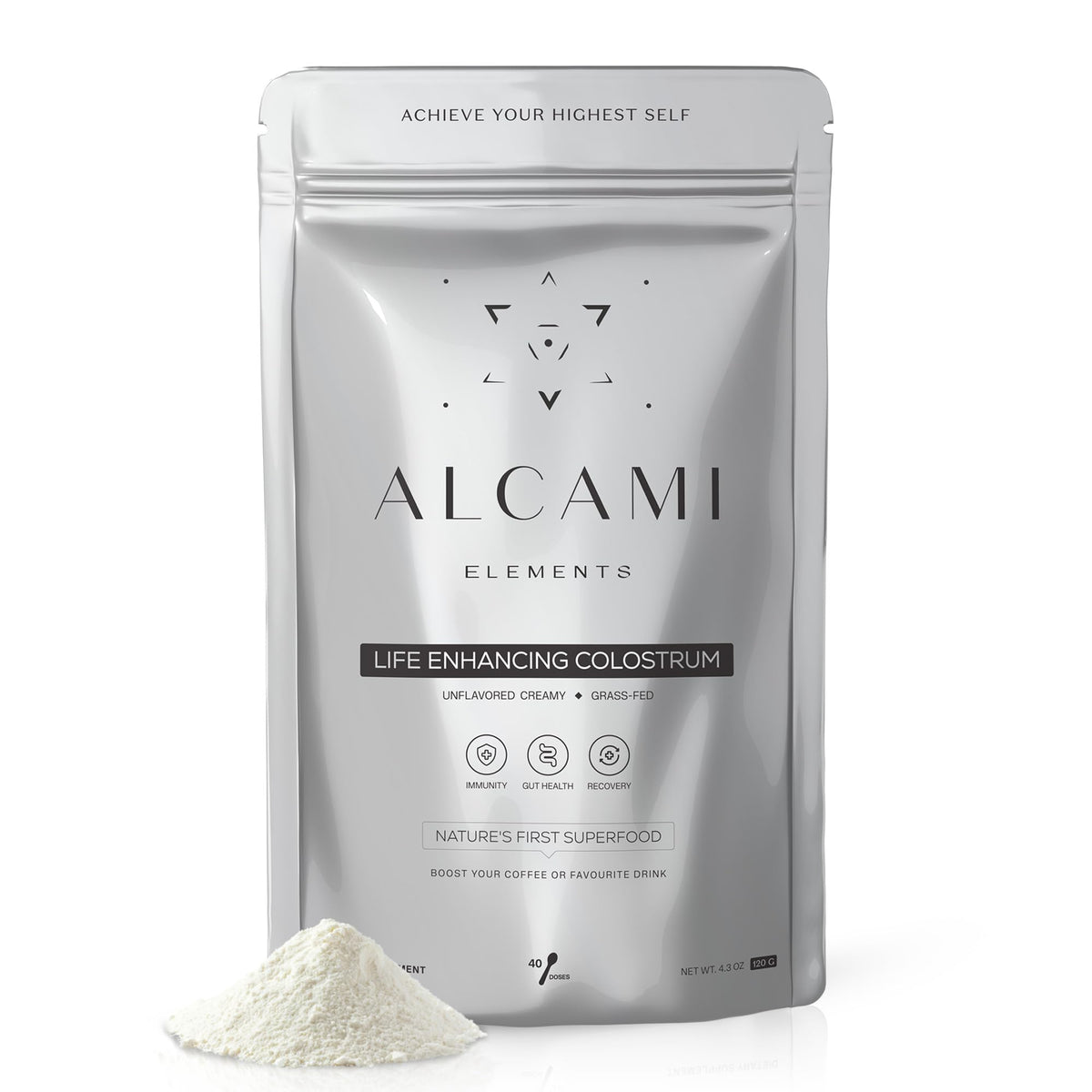 alcami elements colostrum powder bottle for immune support and gut health
