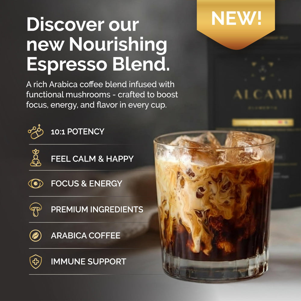 alcami elements Mushroom Espresso Coffee powder closeup shows 10x extract richness