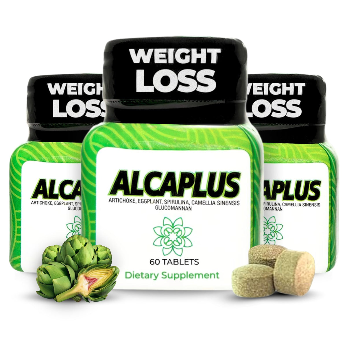 ALCAPLUS bottle front view, weight management capsules for women.