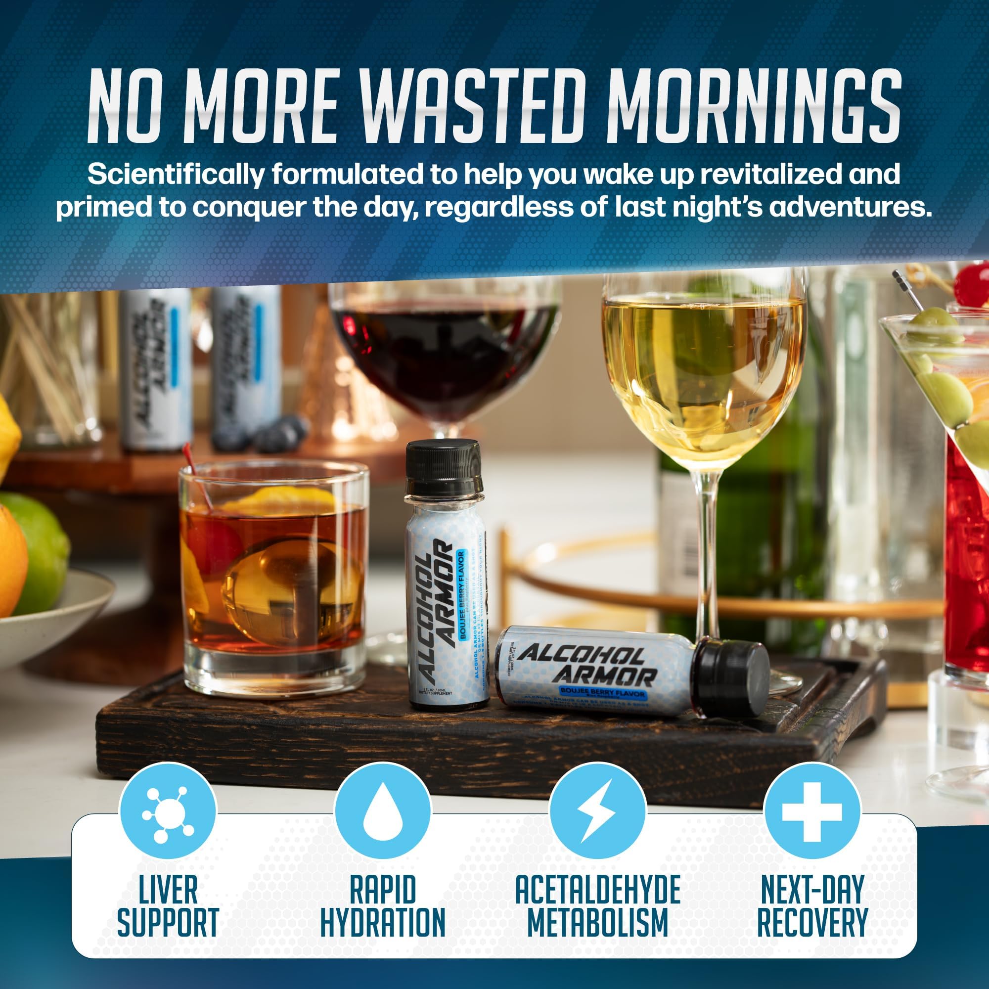 Alcohol Armor dye-free label emphasizing natural, plant-based formulation for mindful hydration.